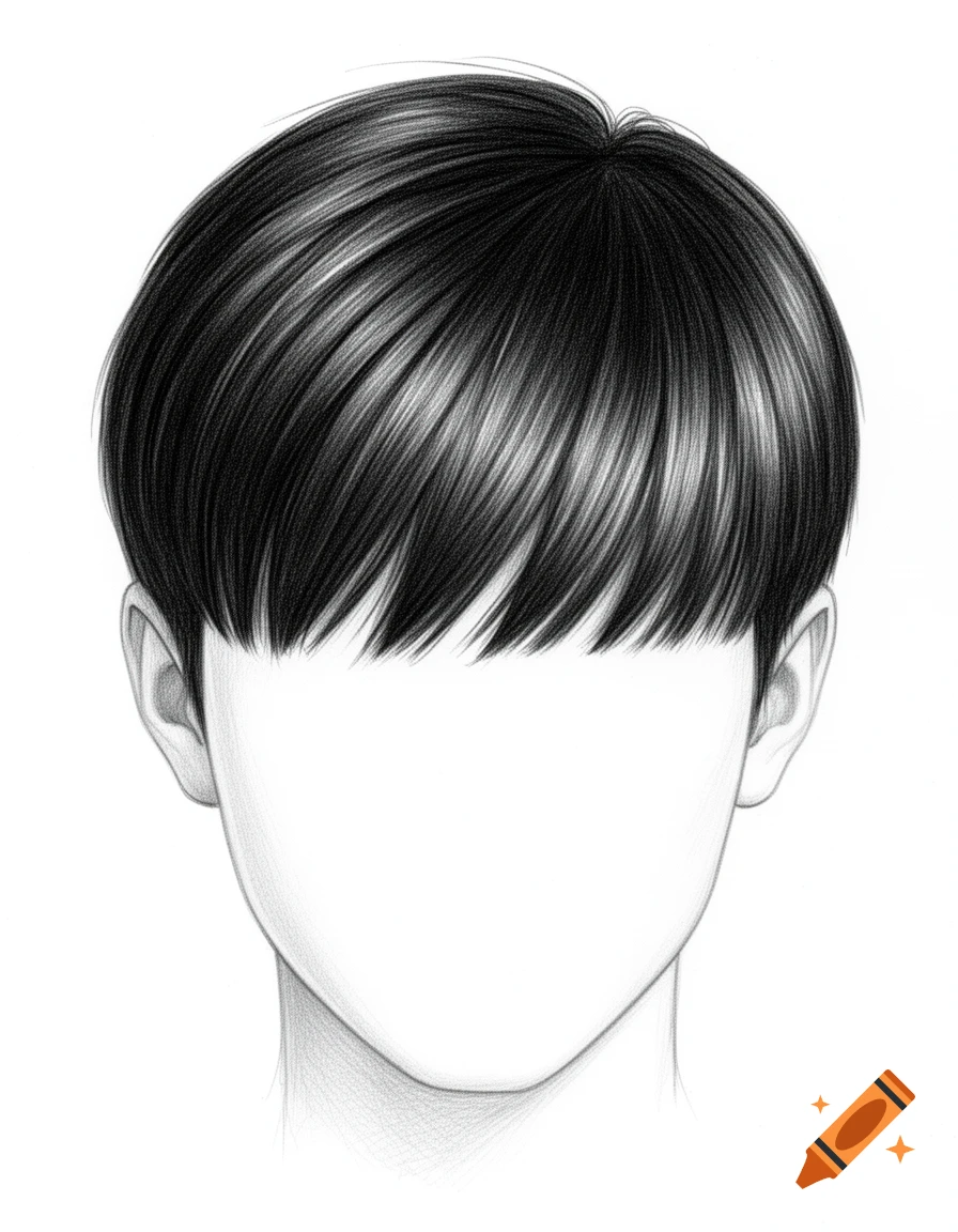 Pencil sketch of a faceless head with short, black, straight hair and bangs, depicting a teenage boy's hairstyle.