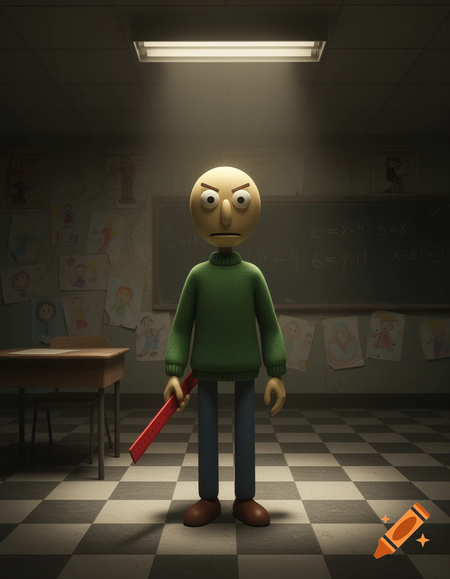 A 3D rendered cartoon character resembling Baldi, with a yellow head and green sweater, holding a red ruler in a dimly lit classroom.