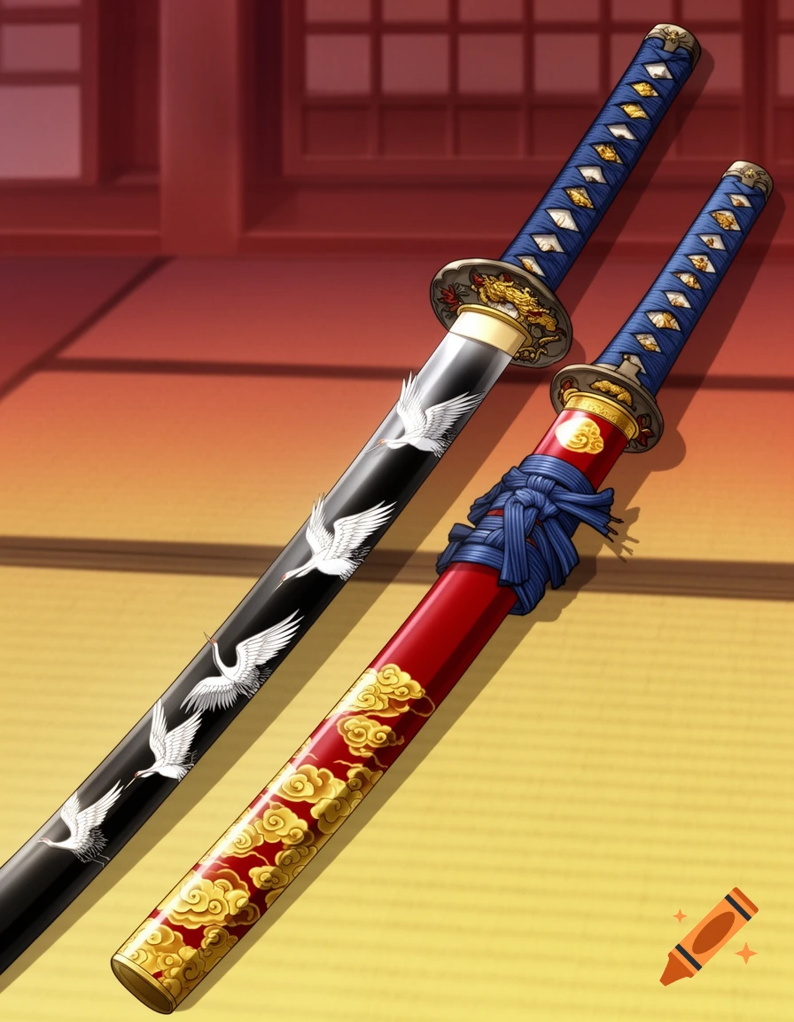 Two anime-style Japanese swords, one with a black crane-patterned sheath, the other with a red cloud-patterned sheath, against a traditional background.