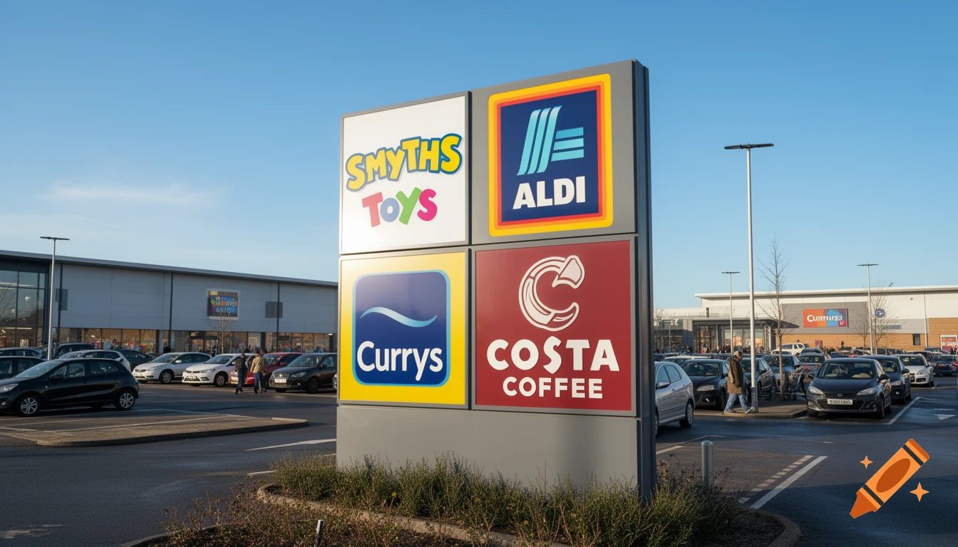 Photorealistic image of a retail park sign with Smyths Toys, ALDI, Currys, and Costa Coffee logos, parking lot, and buildings under a clear sky.