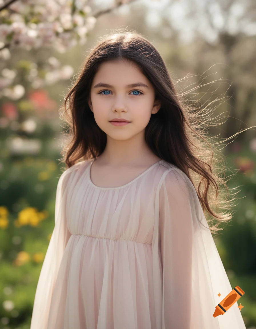 Photorealistic portrait of a young girl with long brown hair and blue eyes in a light dress, standing in a sunny spring garden.
