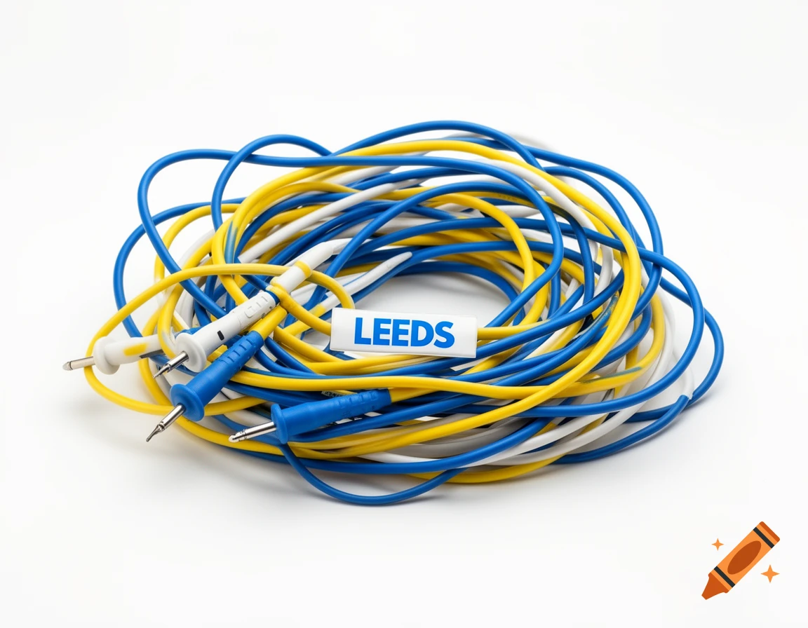 A professional studio photo of a tangled bunch of blue, yellow, and white electrical test leads and wires with a 'LEEDS' tag.