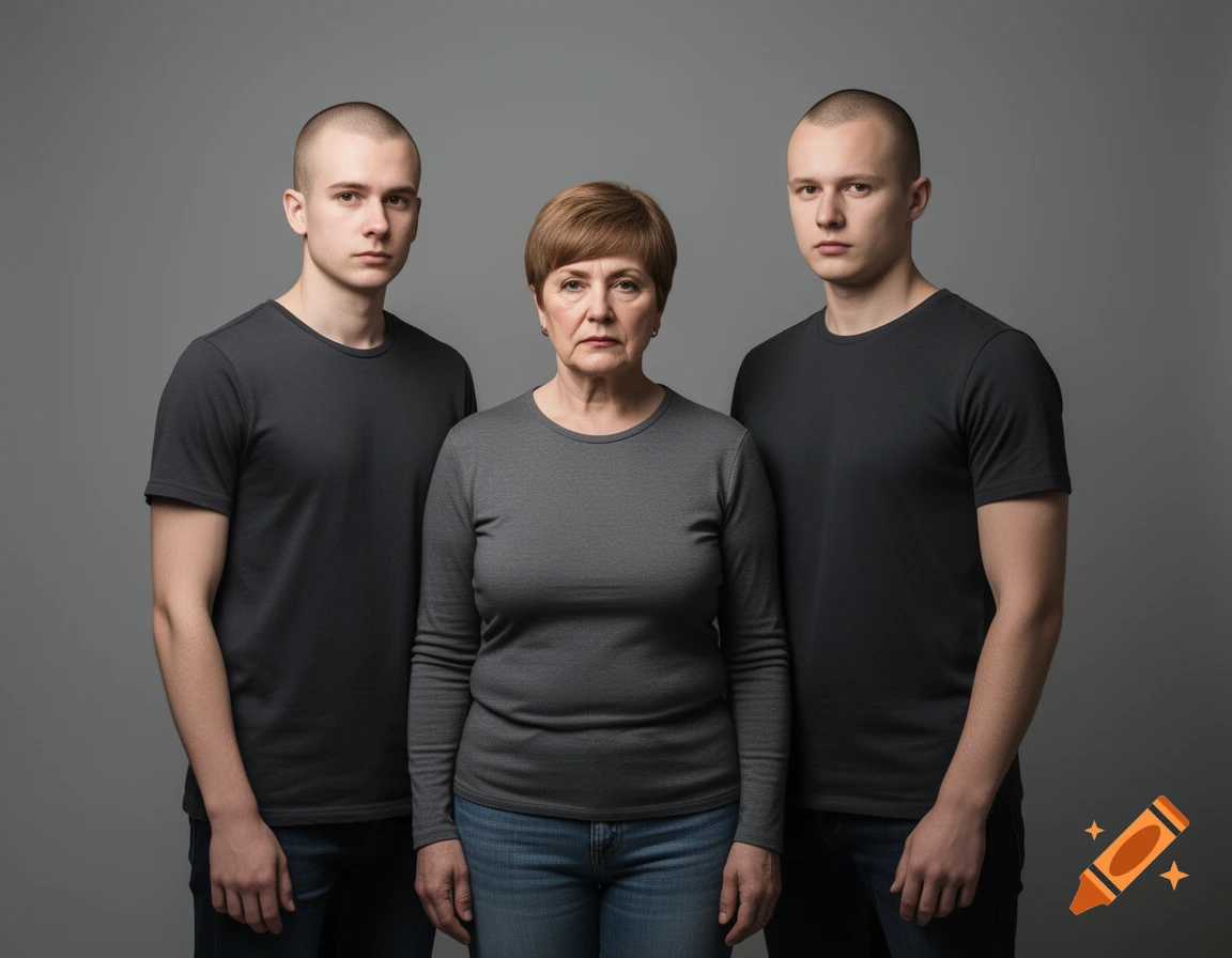 A serious-looking woman with a short pixie cut stands between two bald young men, all wearing dark shirts and jeans, in a studio portrait.