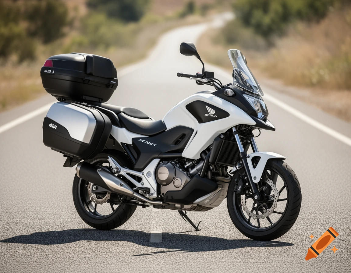 A white Honda NC700X motorcycle with GIVI MAXIA 3 top case and GIVI side panniers is parked on an asphalt road.