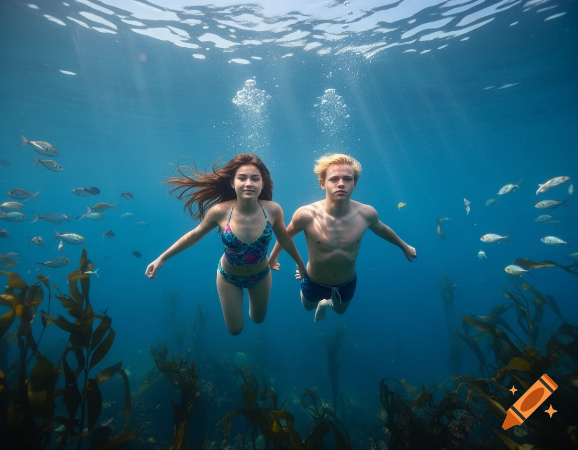A brown-haired girl and a blonde boy swim side by side underwater with fish and kelp.
