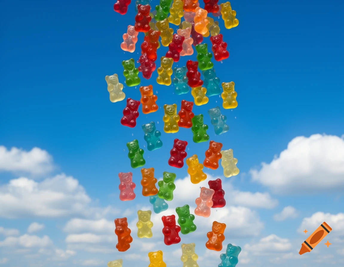 Colorful gummy bears in red, orange, yellow, green, and blue fall against a bright blue sky with white clouds.