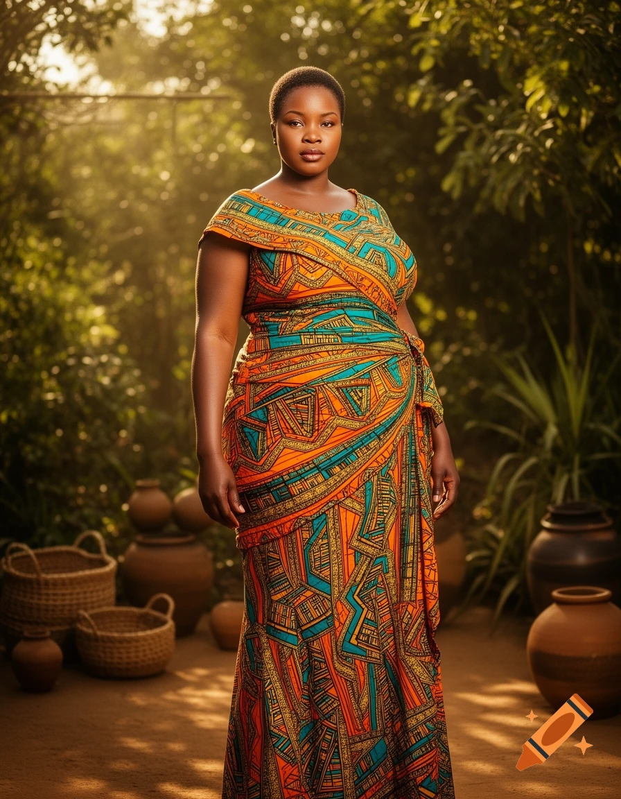 Photorealistic full-body portrait of an African woman wearing a vibrant, patterned dress, standing in a lush outdoor setting with pottery.