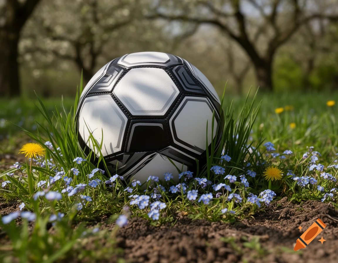 A black and white soccer ball sits in green grass with blue flowers and dandelions, blurred trees in the background, photorealistic.