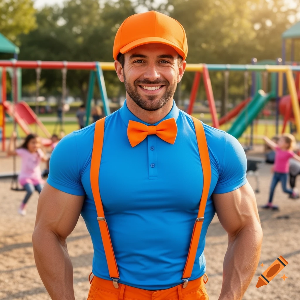 A muscular man in a blue polo, orange suspenders, bow tie, and hat smiles at a sunny playground with children.
