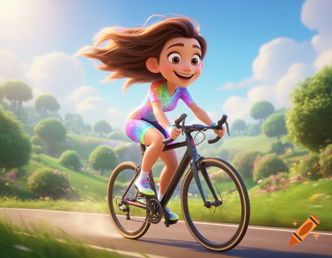 Cheerful Pixar-style female character in a rainbow cycling outfit rides a road bike through a sunny, green, hilly landscape.