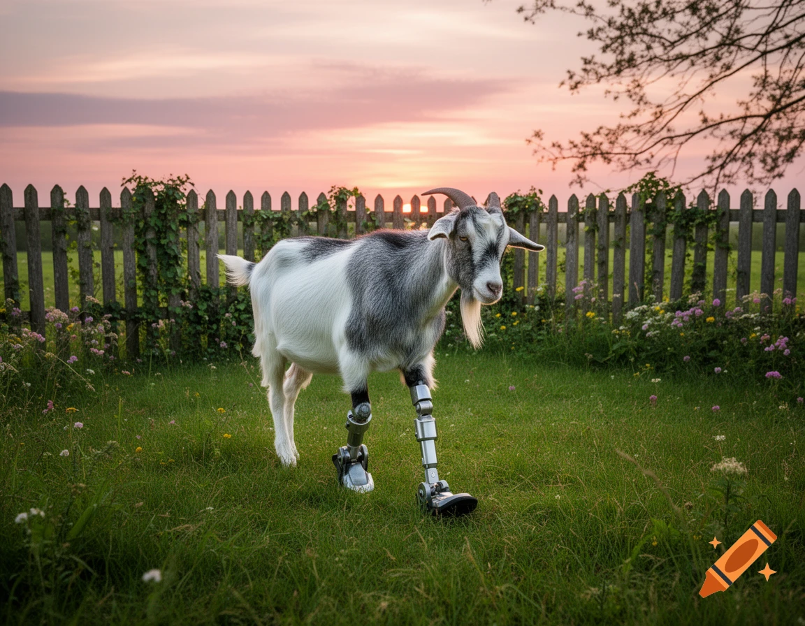 Photorealistic image of a goat with prosthetic front legs standing in a grassy field at sunset with a wooden fence in the background.
