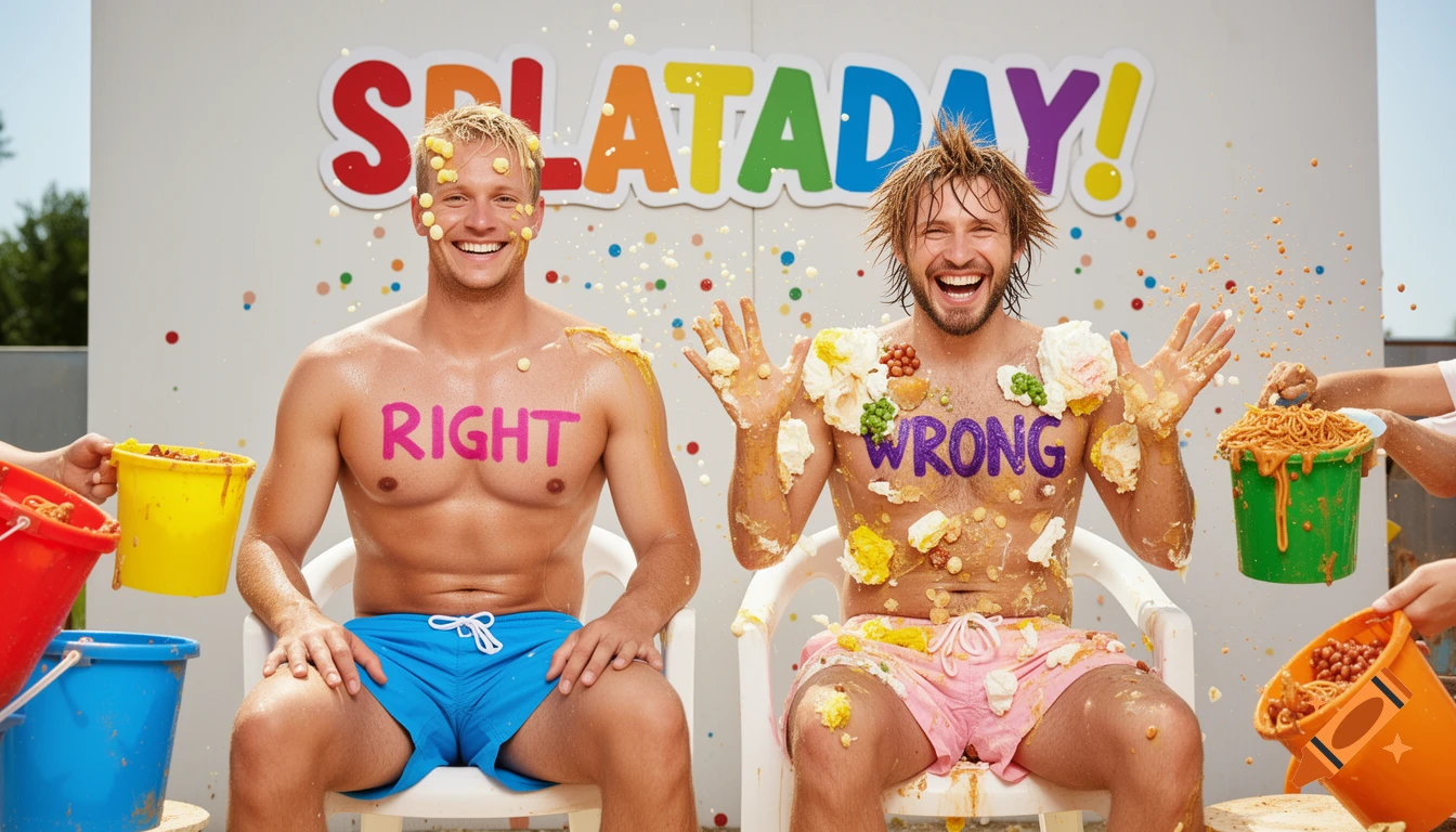 Two shirtless men in swim shorts covered in food, laughing during a "SPLATADAY!" game show. Text "RIGHT" on one, "WRONG" on the other.