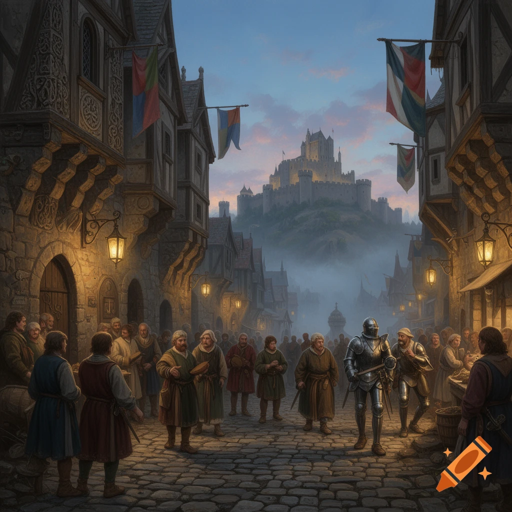 A detailed medieval street scene at dusk, with a knight and crowd, stone buildings, and a distant castle on a misty hill.
