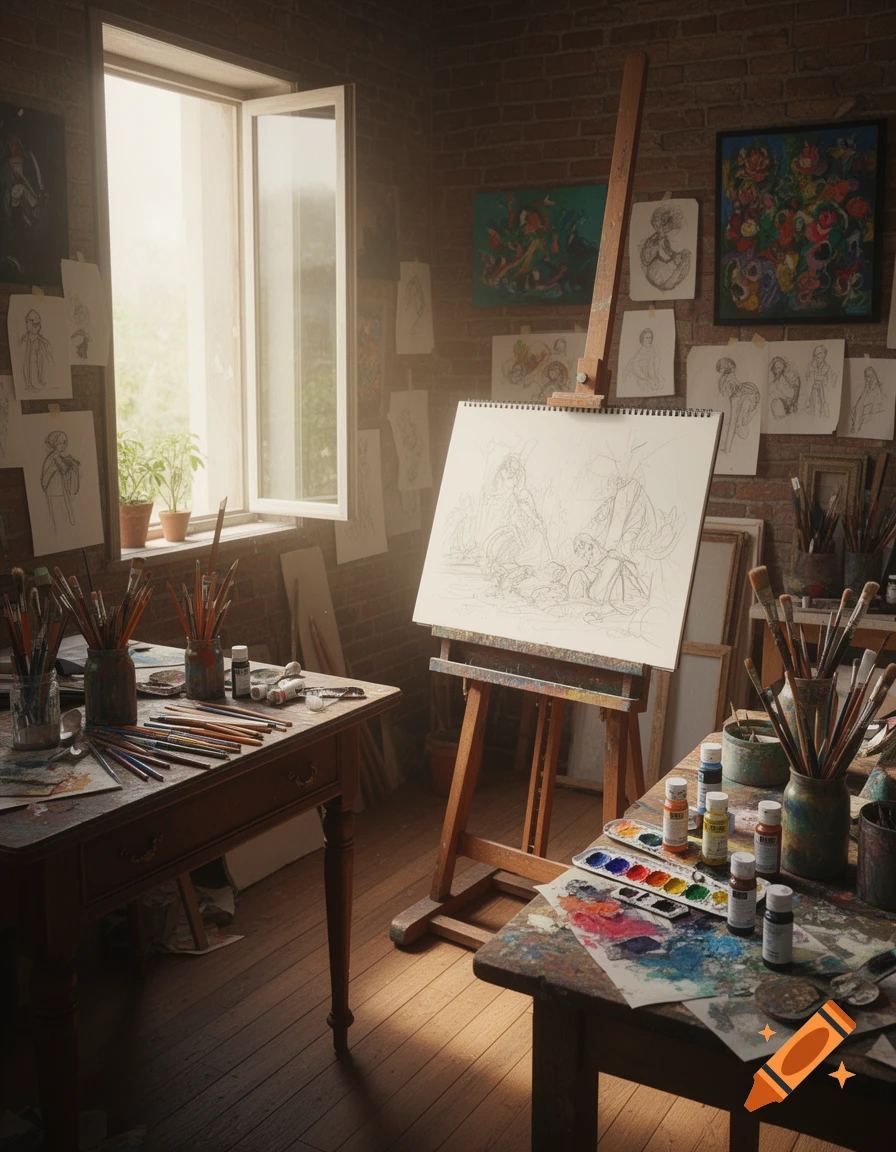 A sunlit artist's studio with an easel displaying a sketch, surrounded by paintbrushes, palettes, and drawings on brick walls.