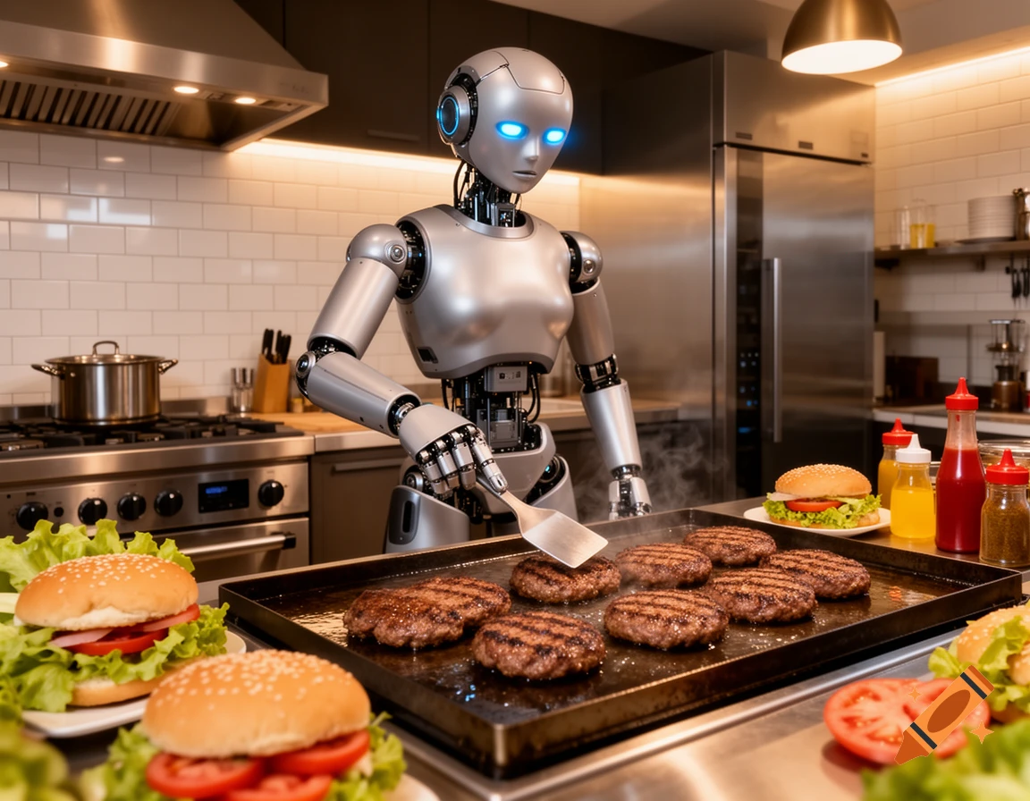 A photorealistic robot chef with glowing blue eyes cooks multiple burgers on a griddle in a modern kitchen, surrounded by ingredients.