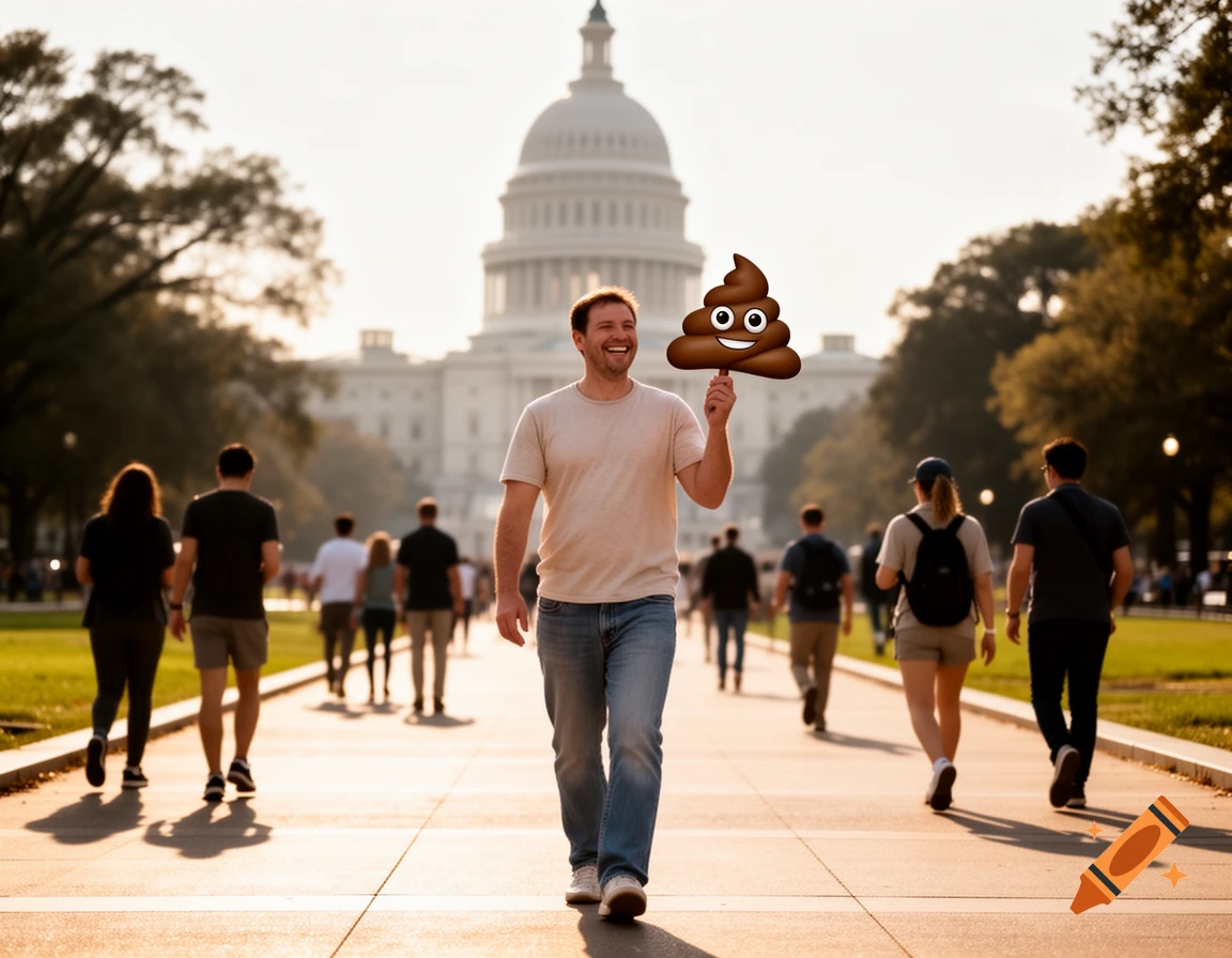 A smiling man walks down a path, holding a large smiling poop emoji, with the US Capitol building in the background.