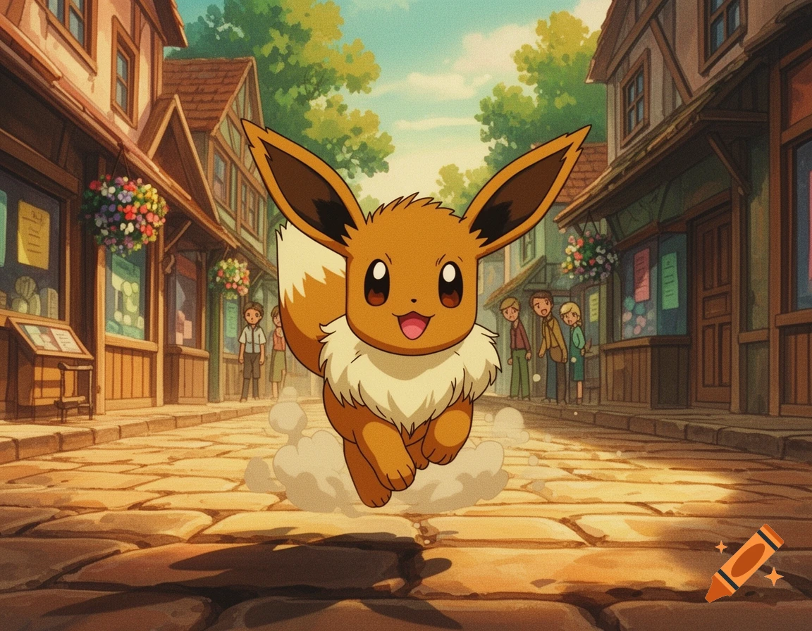 An Eevee Pokémon runs joyfully down a cobblestone street in a quaint 90s anime village.