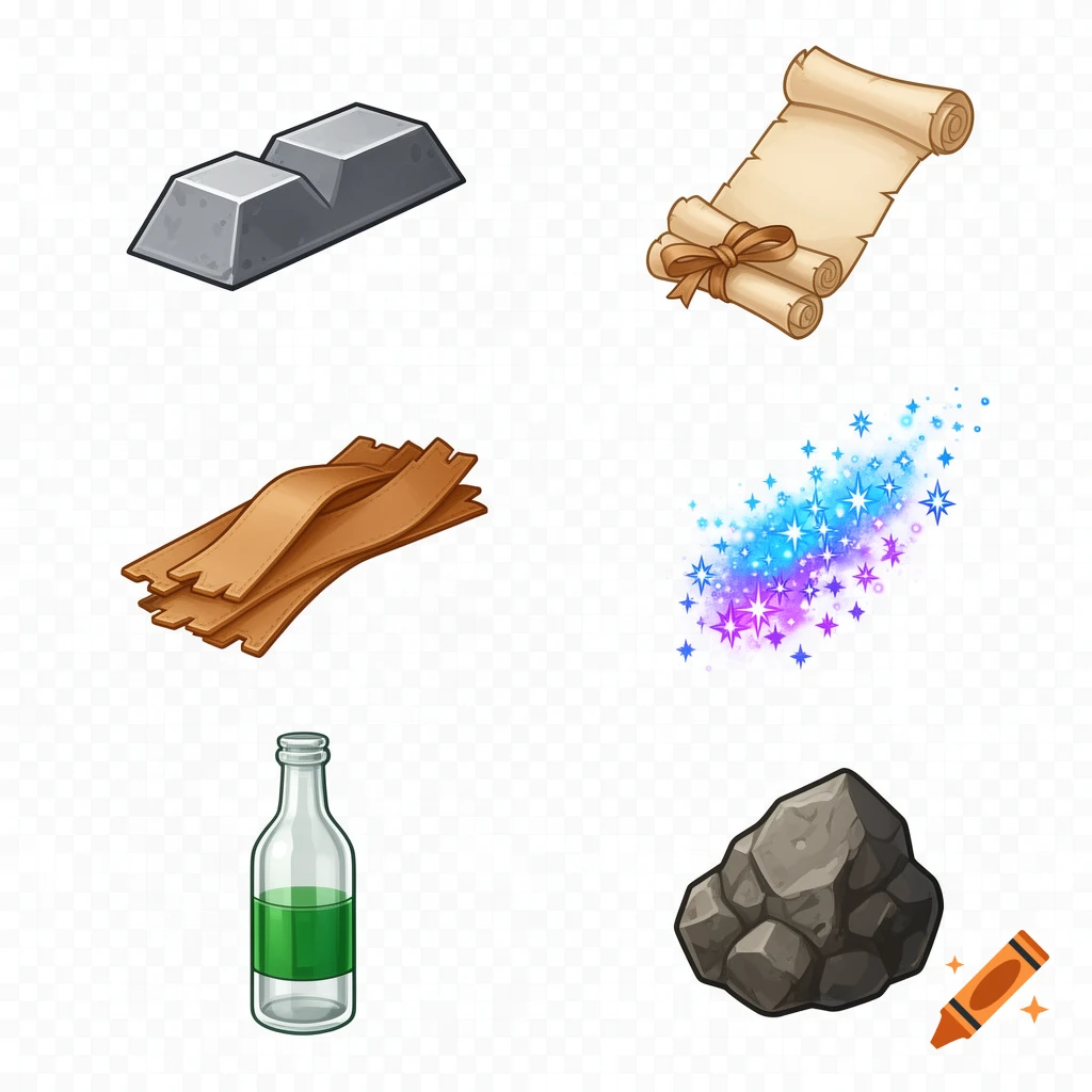 Six stylized isometric crafting icons: silver ingots, rolled parchment, leather strips, magic dust, green potion bottle, and raw ore.