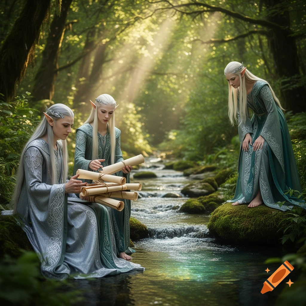 Three elves in a sunlit enchanted forest, two by a stream with scrolls, one standing on a mossy rock.