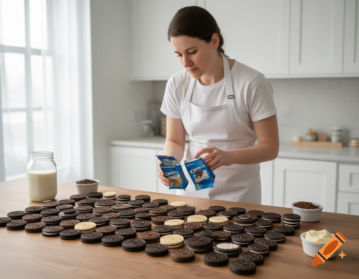 A woman in an apron at a kitchen counter with many Oreo cookies, holding two packages of Oreos, alongside milk and ingredients.