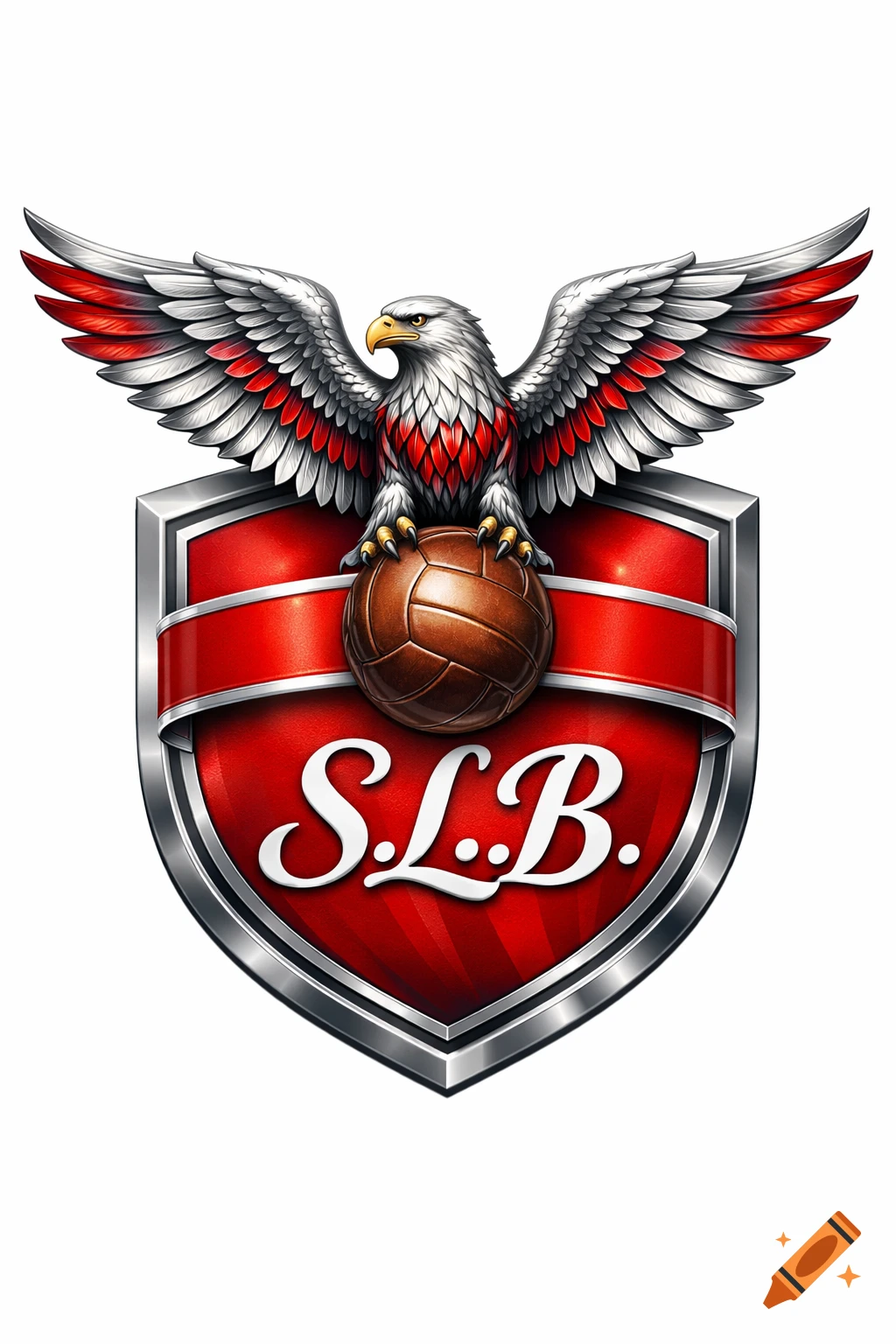 A detailed logo of an eagle with spread wings perched on a brown soccer ball, set against a red shield with the letters S.L.B. in white script.