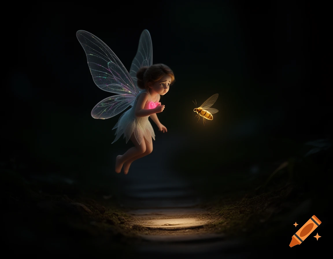 A whimsical fairy with translucent wings and a glowing chest hovers towards a glowing firefly above a subtly lit path in a dark forest.