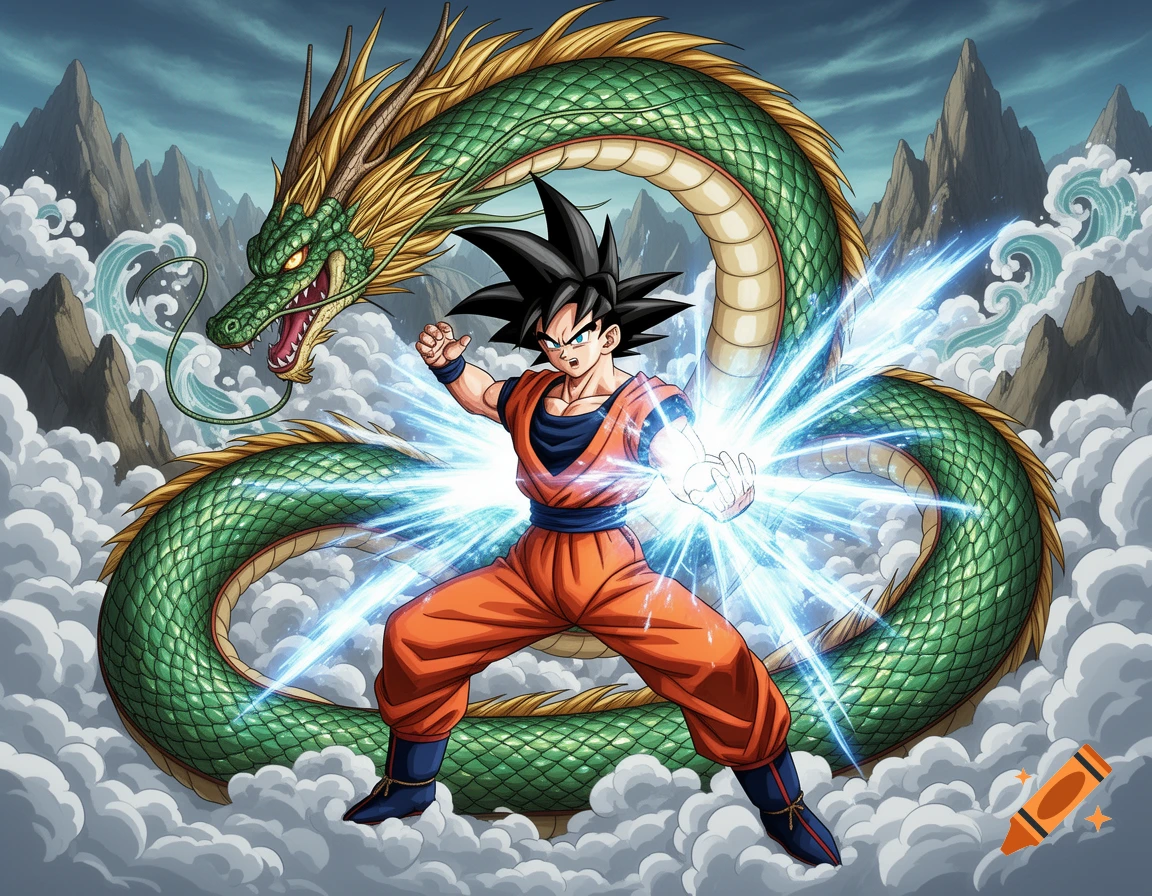 Goku, in his orange gi, charges an energy blast. A large green and gold dragon coils behind him, surrounded by clouds and mountains.