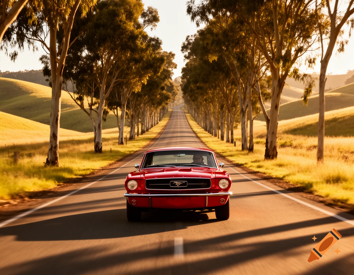 A red classic Ford Mustang drives down a long, tree-lined road at sunset, with golden rolling hills in the background.