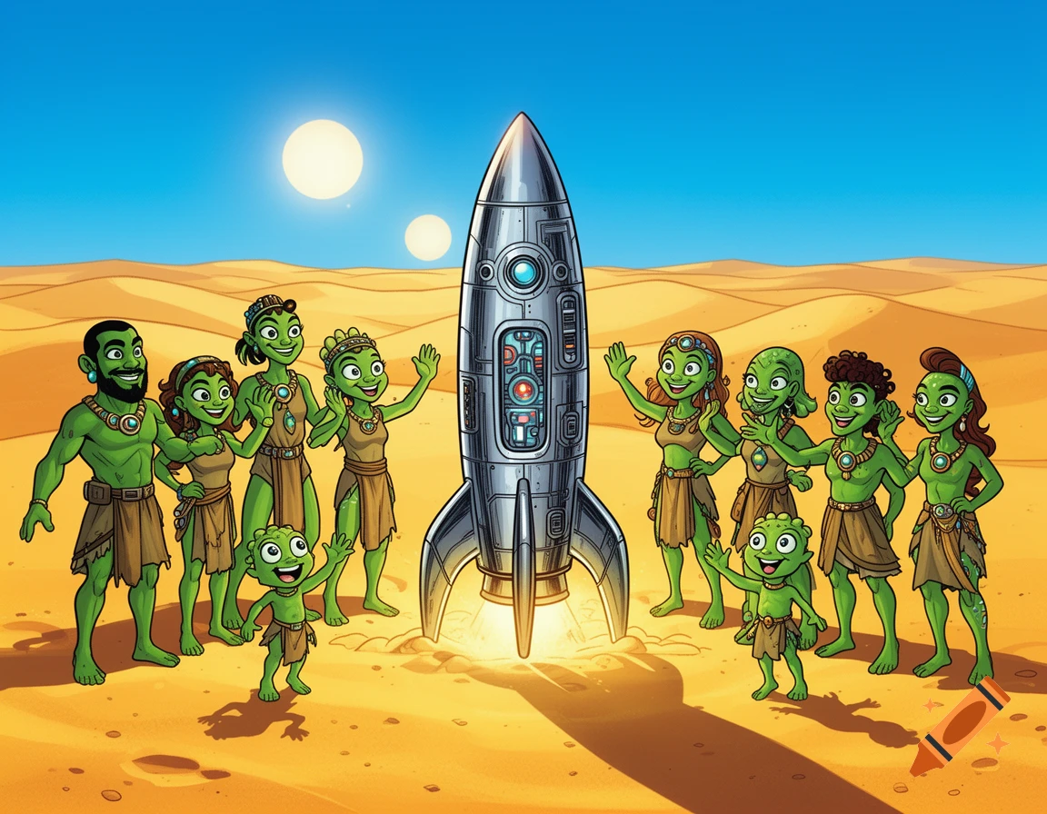 Green cartoon aliens, including adults and children, wave at a landed silver rocket in a yellow desert under two suns.