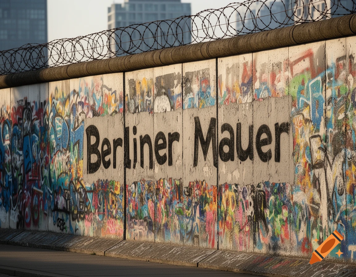 Close-up of the Berlin Wall covered in colorful graffiti, with 'Berliner Mauer' painted prominently, and barbed wire on top.