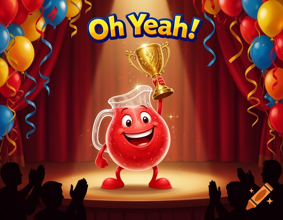 The Kool-Aid Man holding a golden trophy on a stage with "Oh Yeah!" text, balloons, and an applauding audience.