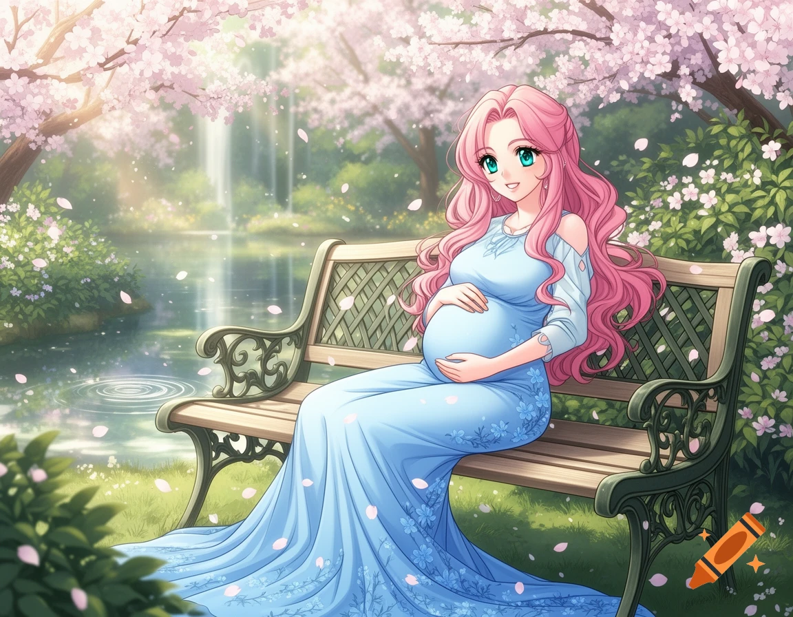 Anime pregnant woman with pink hair sitting on a bench in a cherry blossom park with a pond.