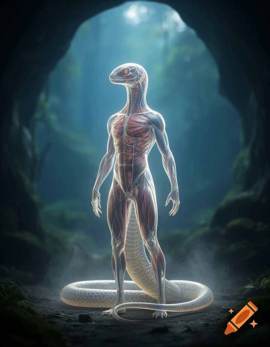 A translucent snake person with visible muscle anatomy stands in a mystical cave.