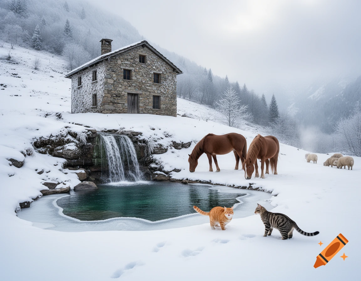 A photorealistic winter landscape with a stone house, waterfall, frozen pond, horses, cats, and sheep.