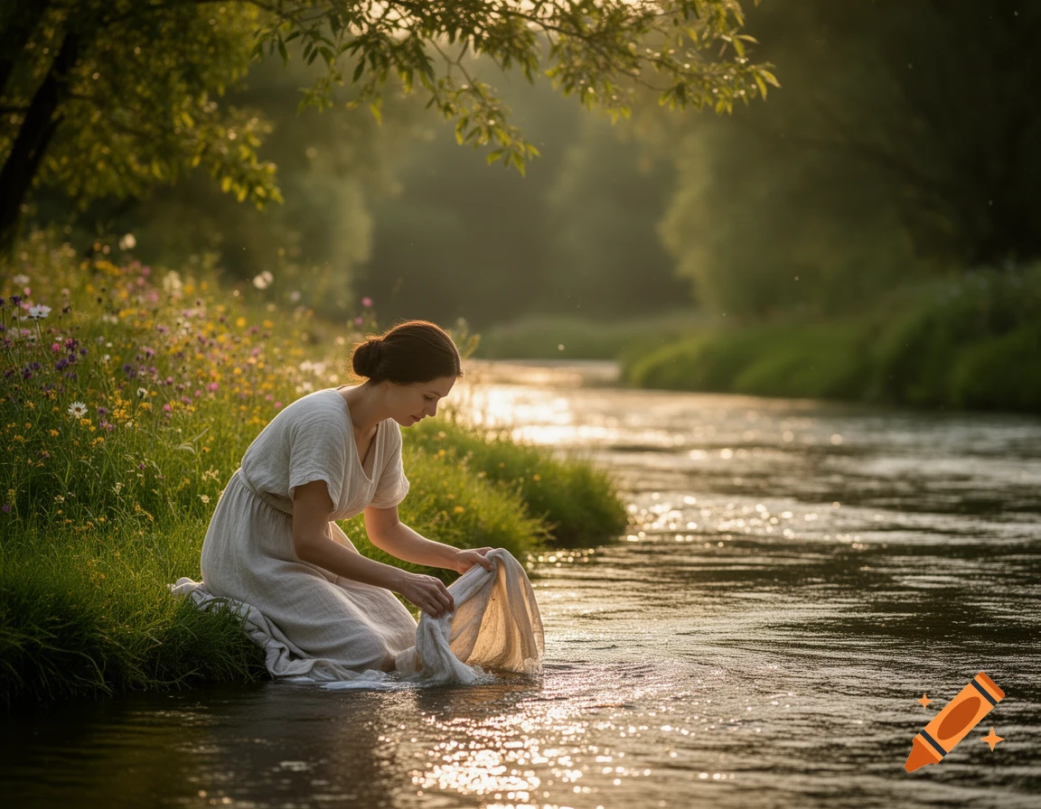 A woman in a simple dress kneels by a sunlit river, washing clothes on a grassy bank with wildflowers.