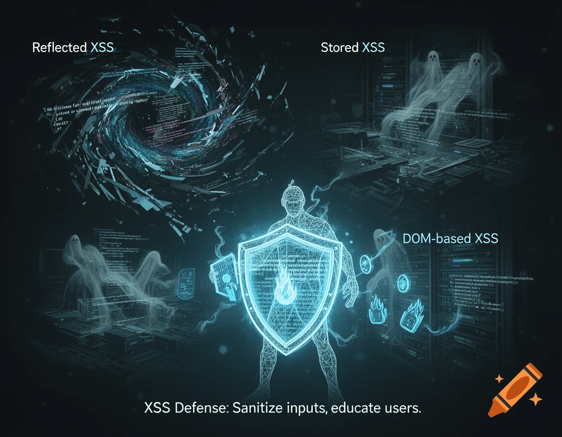 A stylized infographic showing cybersecurity concepts, including Reflected, Stored, and DOM-based XSS attacks, with a wireframe human figure and ghost-like data forms, accompanied by XSS defense text.