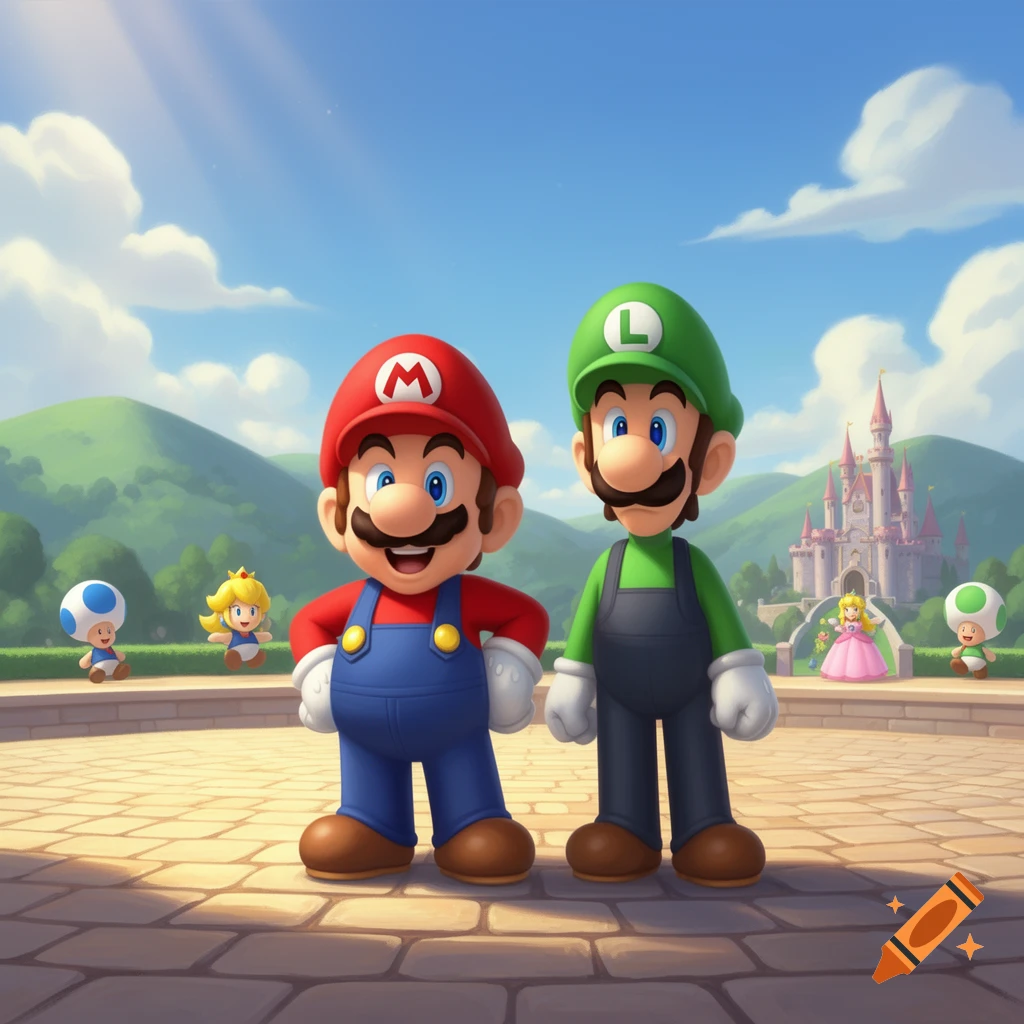 Mario and Luigi stand on a stone patio with Princess Peach, Toad, and a castle in the background, under a blue sky.