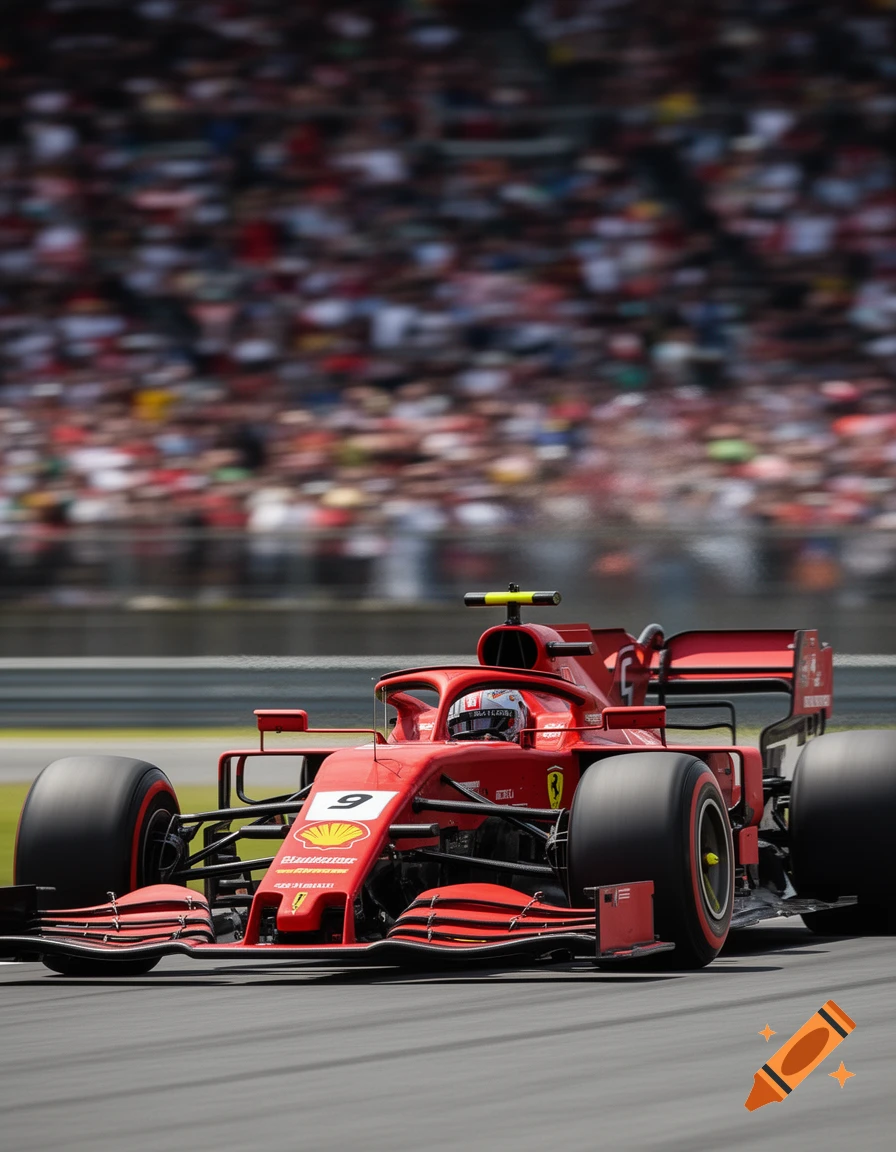 A red Formula 1 racing car with the number 9 speeds on a track, with blurred crowds in the background.