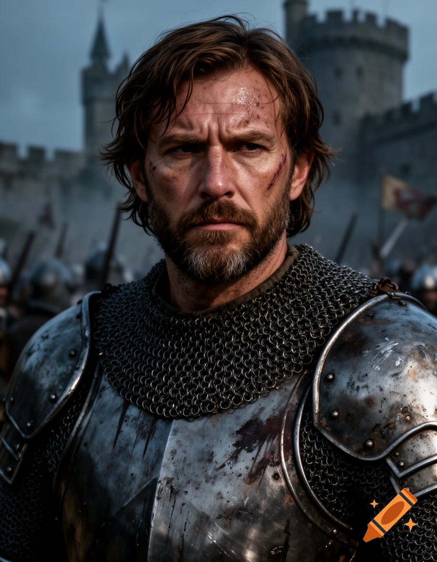 A close-up, photorealistic portrait of a rugged medieval knight with a beard and battle scars, wearing chainmail and weathered plate armor, against a blurry castle background.