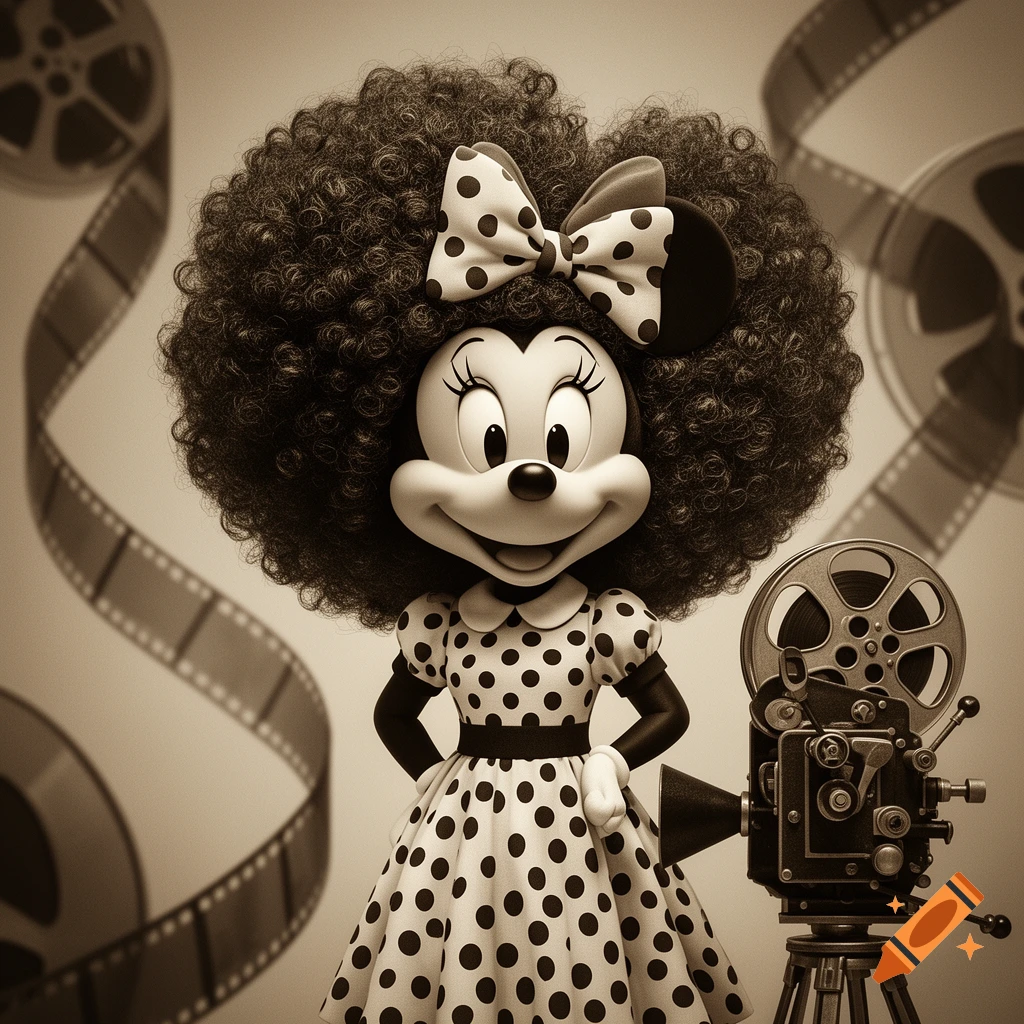 Sepia-toned Minnie Mouse with a large afro and a polka dot dress, standing next to a vintage film camera and film reels.