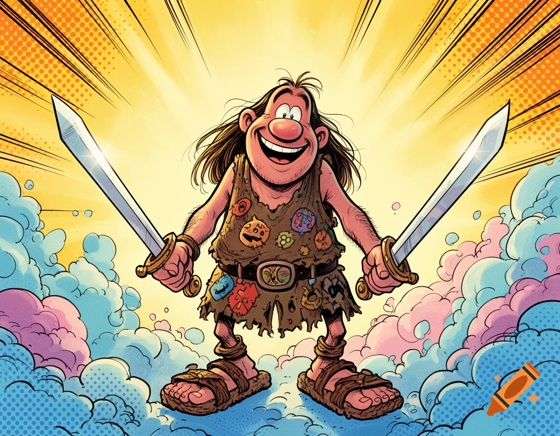Groo the Wanderer, a happy cartoon barbarian with long hair, smiles while holding two swords against a comic book-style sunburst and clouds.
