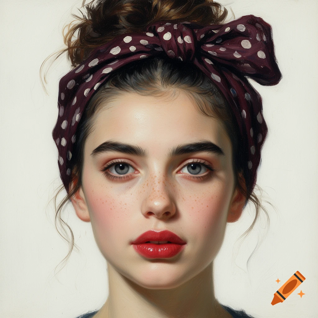 Oil painting portrait of a young woman with a messy bun, freckles, red lipstick, and a dark burgundy polka-dot headscarf.