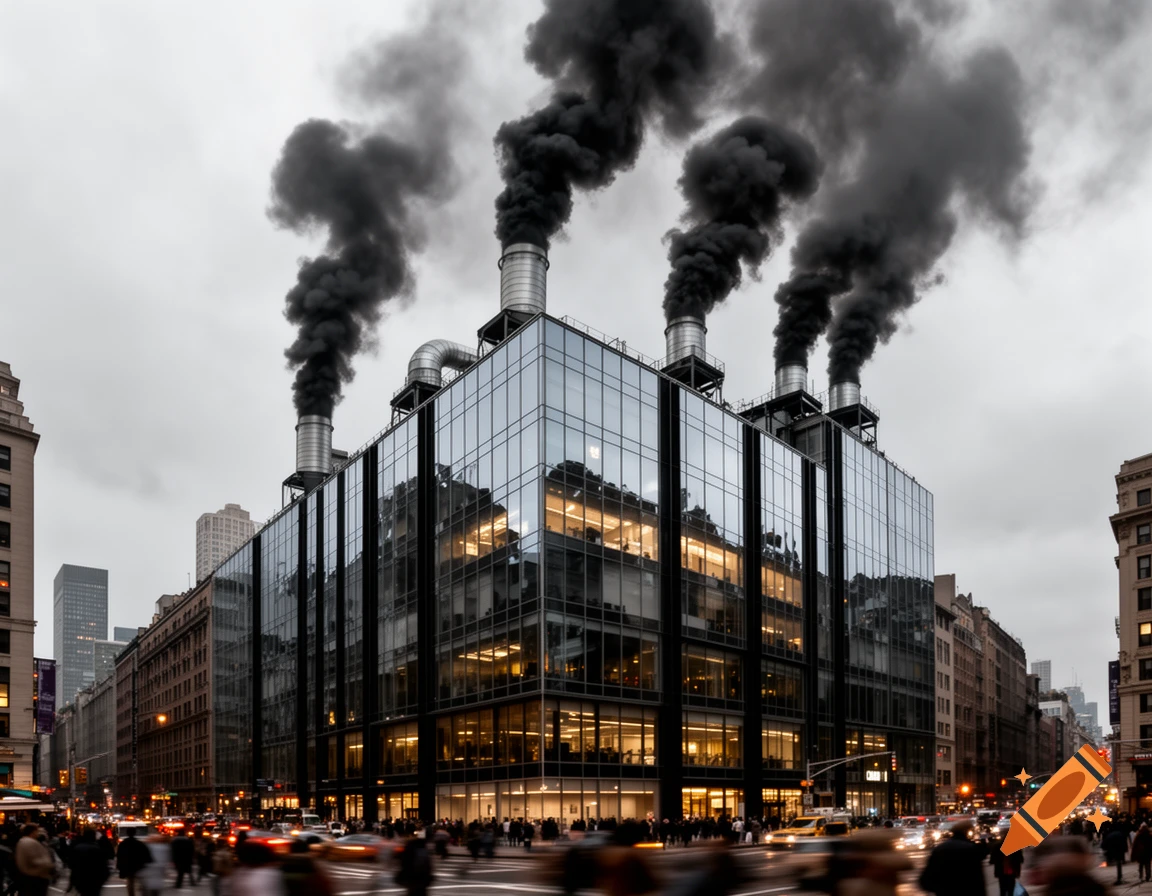 Modern glass building with multiple chimneys billowing dark smoke onto a busy city street under a grey sky.