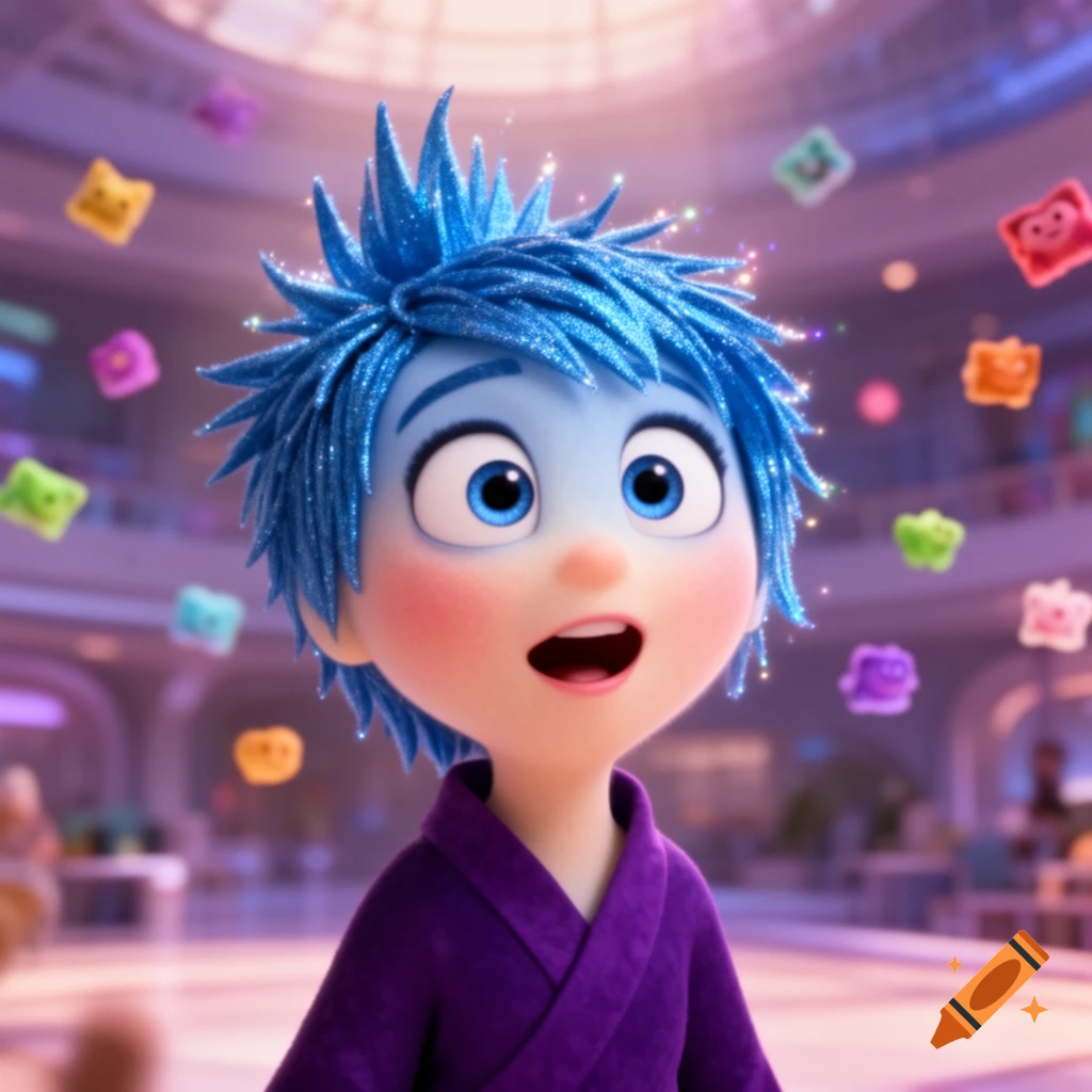 3D animated Joy from Inside Out with sparkly blue hair, blue skin, and a purple robe, looking surprised as colorful cubes float around her in a bright hall.