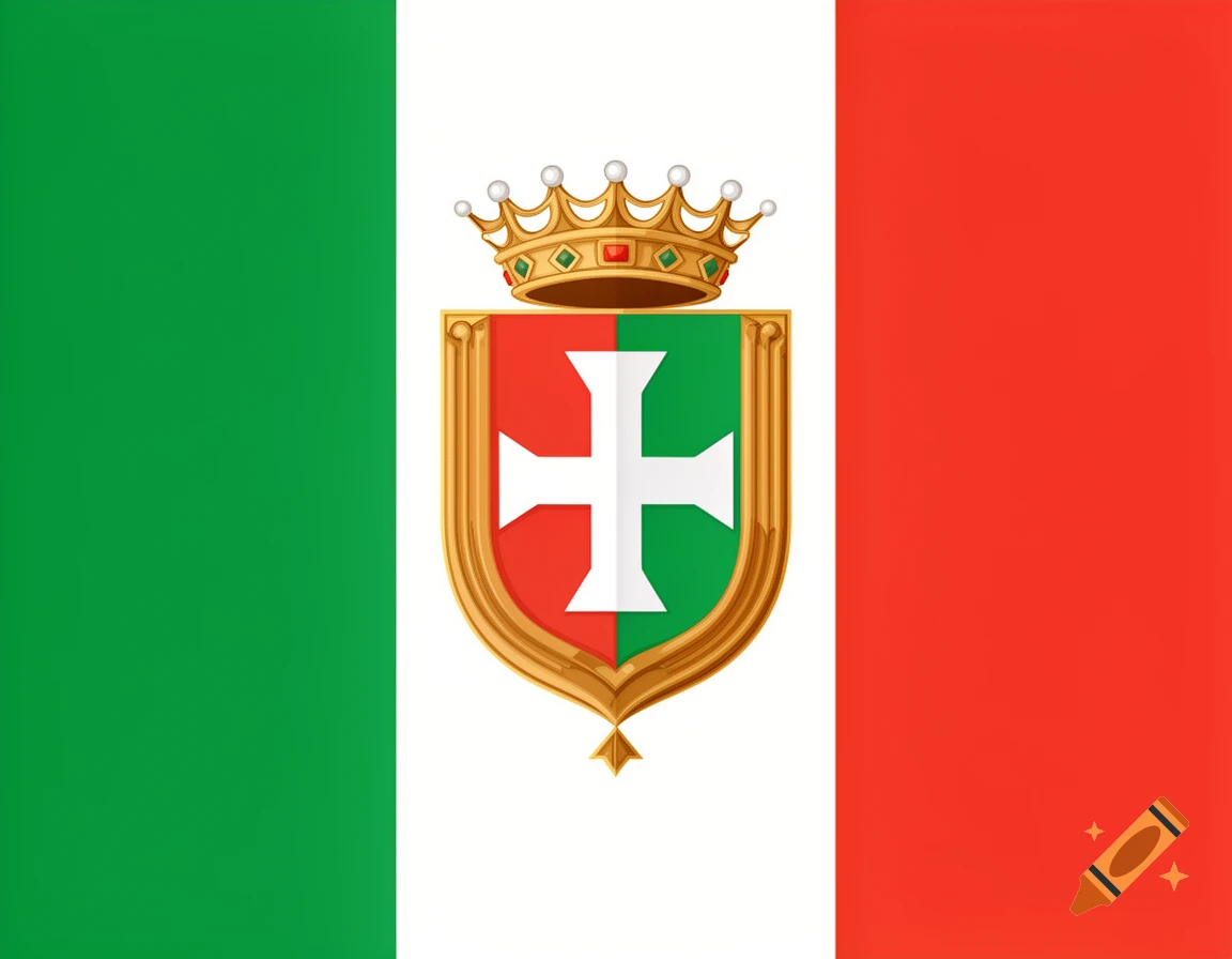 A flag with vertical green, white, and red stripes, featuring a gold-crowned shield with a white cross on a red and green background.