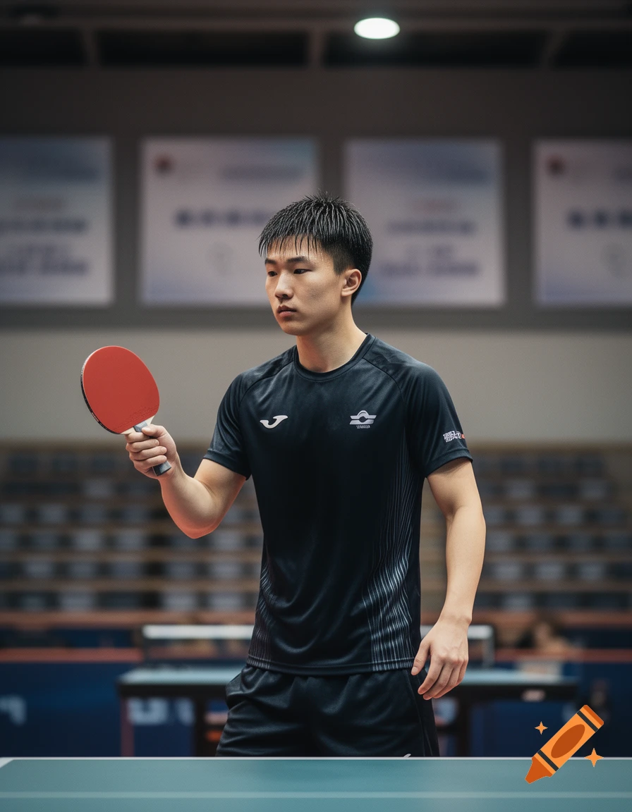 A young Asian male table tennis player in a black uniform holds a red paddle, looking intently forward in a brightly lit sports arena.