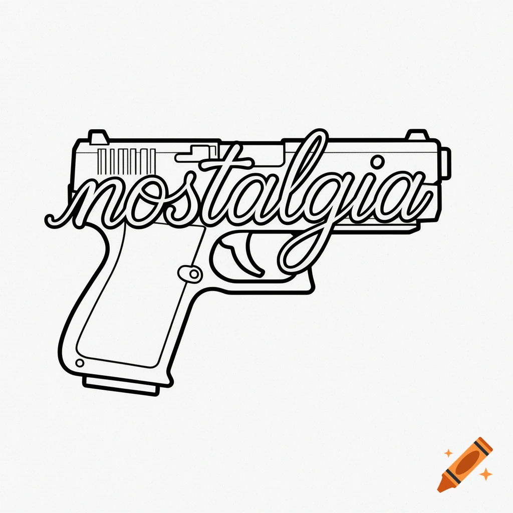 Black and white line art drawing of a pistol, with the word 'nostalgia' in cursive font forming its body.