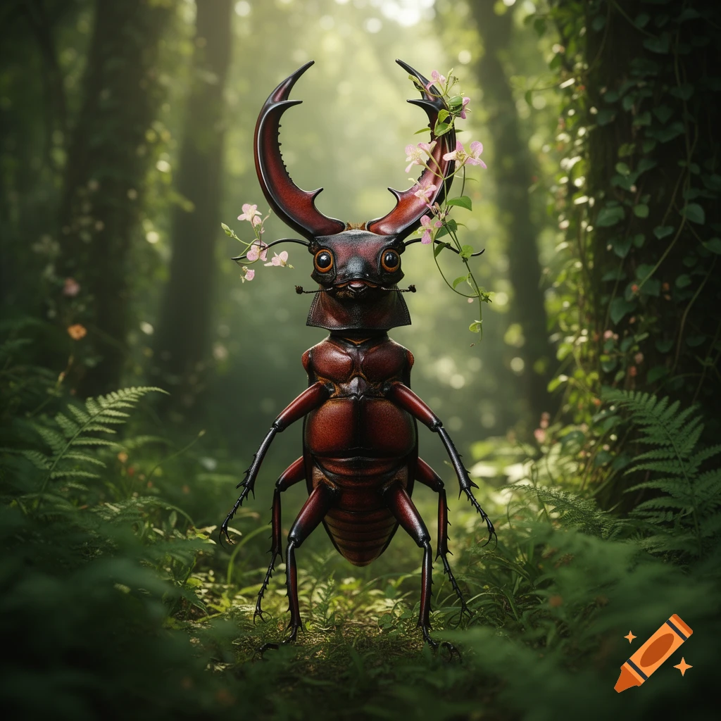 A photorealistic anthropomorphic stag beetle stands upright in a lush green forest, adorned with pink flowers on its antlers.