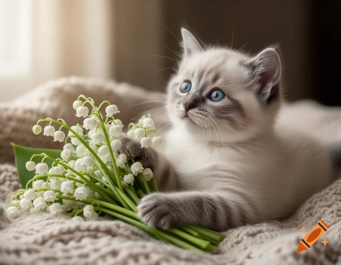 A cute photorealistic kitten with blue eyes holding a bouquet of white lily of the valley flowers while lying on a knitted blanket.