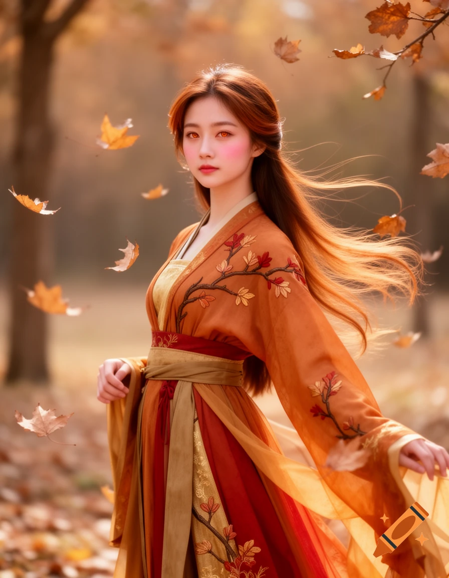 A young Chinese woman in an orange, red, and gold Hanfu with leaf embroidery stands in an autumnal forest with leaves falling around her.